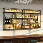 Black Wall Mounted Wine Rack with Hanging Stemware Glass Holder, 4 Tier Liquor Bottle Display Shelf, Floating Bar Storage Organizer for Home, Kitchen, Restaurant, Liquor Cabinet Decor (Black, 95in)