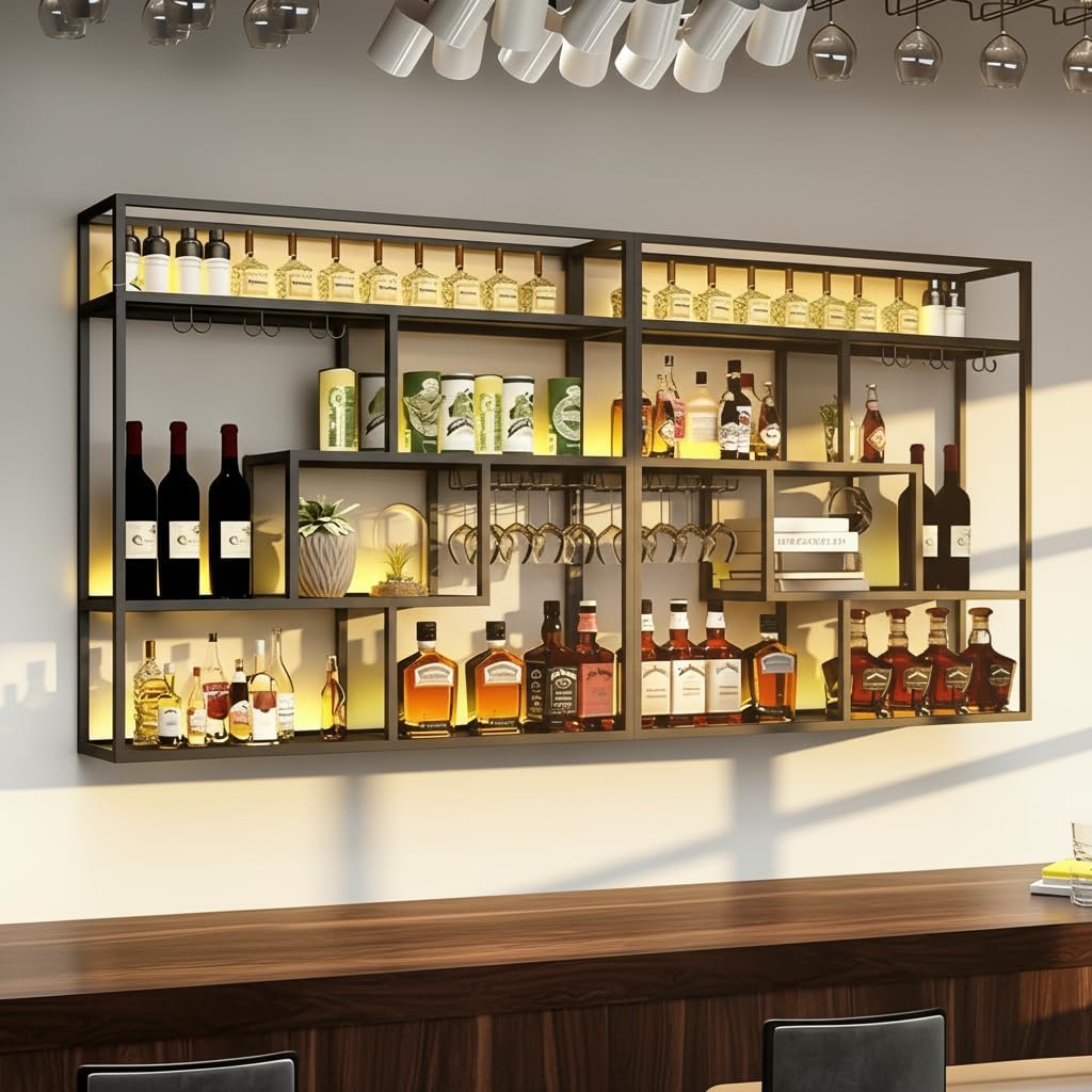 Black Wall Mounted Wine Rack with Hanging Stemware Glass Holder, 4 Tier Liquor Bottle Display Shelf, Floating Bar Storage Organizer for Home, Kitchen, Restaurant, Liquor Cabinet Decor (Black, 95in)