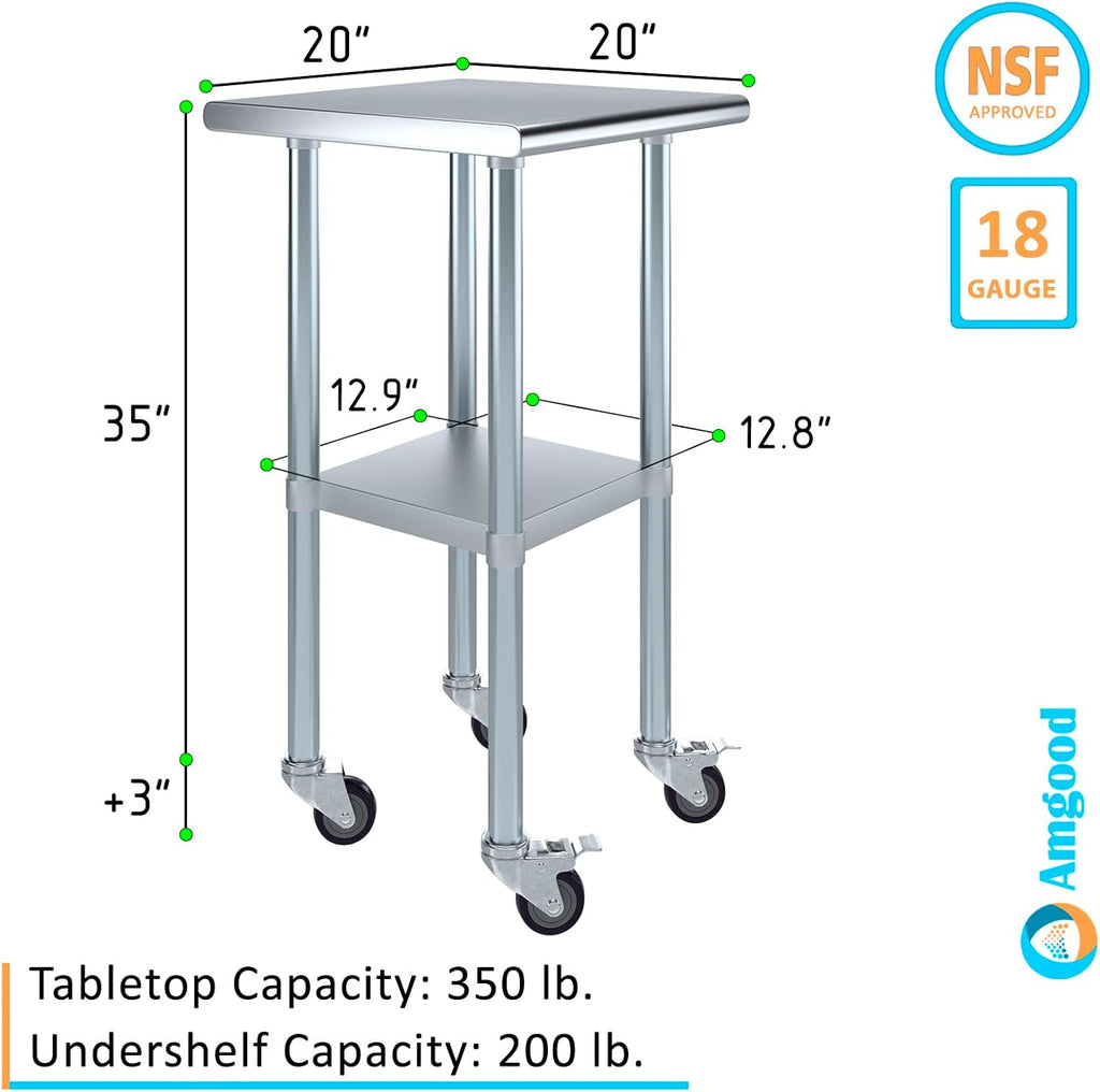 AmGood 20" x 20" Stainless Steel Work Table with Casters | Heavy Duty Metal Utility Table On Wheels | Kitchen Island Cart