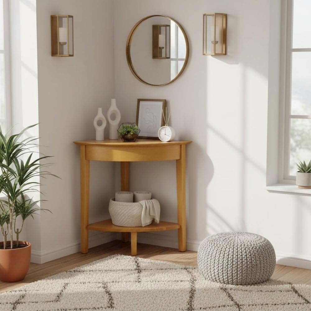 Furnifact Corner Desk/Table, Triangle Shape, Single Lower Shelf, Solid Wood, ...