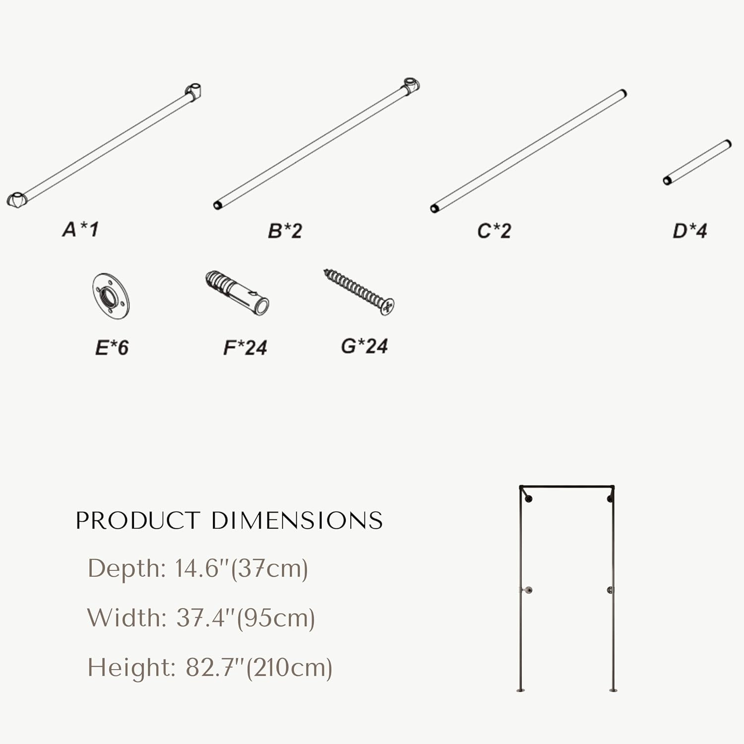Industrial Pipe Clothing Rack, Heavy Duty Wall Mounted Clothes Rack, Retail Display Hanging Garment Rod for Laundry Rooms, Closet Storage, 14.6x37.4x82.7 Inches, Model K05