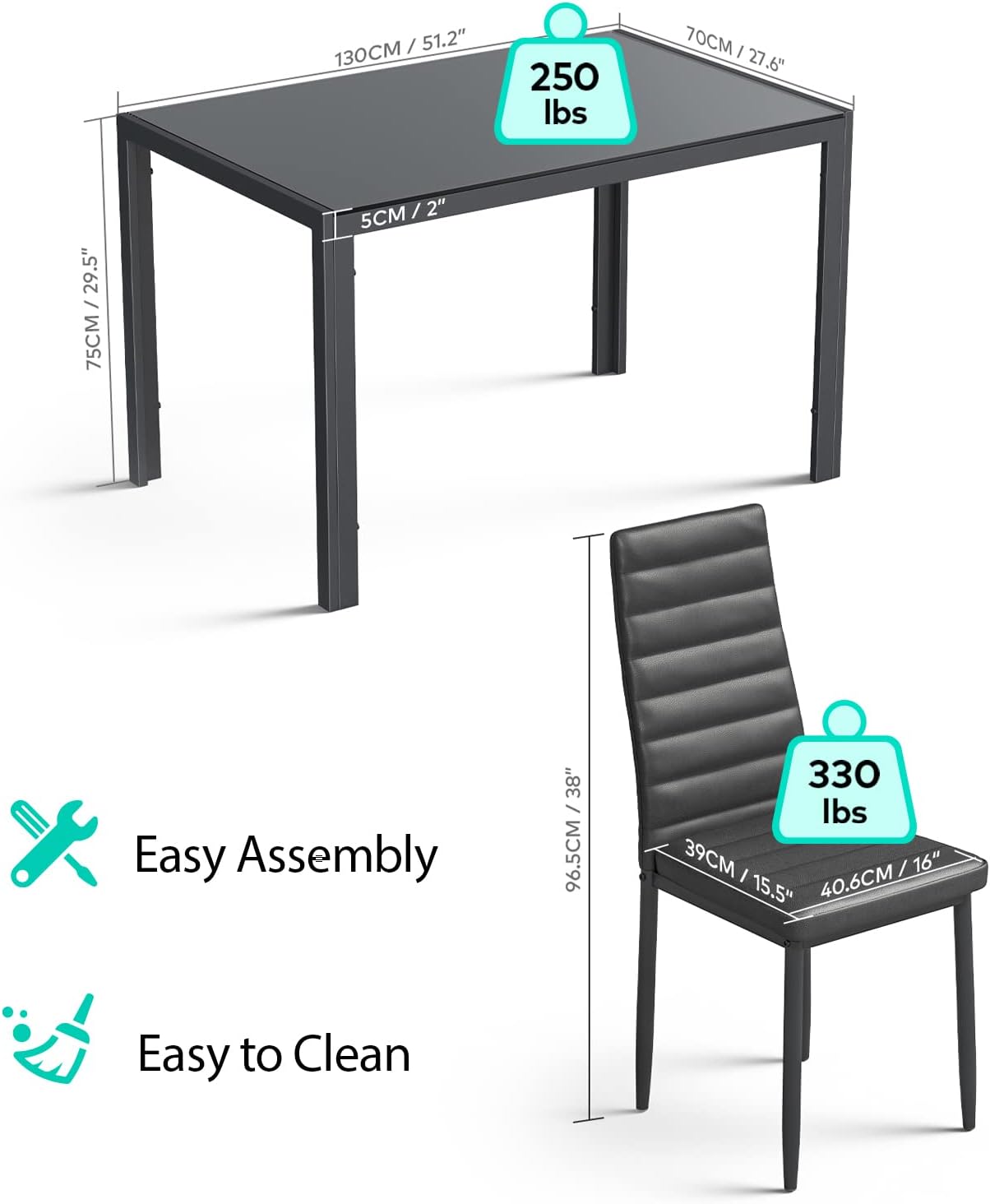 Gizoon Glass Dining Table Sets for 6, 7 Piece Kitchen Table and Chairs Set for 6 Person, PU Leather Modern Dining Room Sets for Home, Kitchen, Living Room