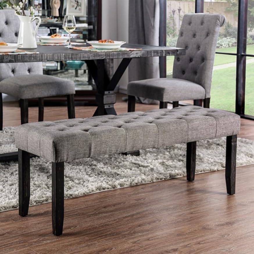 MASARA Tufted Dining Bench, 48-Inch Linen-Like Fabric, with Black Legs (Light...