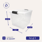 HOMZ 4-Pack Latching Lid, Large Clear Plastic Storage Bins with Lids, 31 Quart, Gray Latch - Stackable Container Boxes for Home, Bathroom, and Office Organization