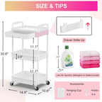 Goovilla 3 Tier Rolling Utility Cart Organizer with Removable Drawer, Stable and Sturdy White Rolling Storage Carts with 2 Lockable Wheels for Bathroom, Kitchen, Snack, Craft, Makeup, Baby Essentials