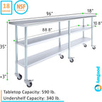 AmGood Stainless Steel Work Table with 2 Shelves and Casters | Metal Utility Table On Wheels (Stainless Steel, 96" Long x 18" Deep)