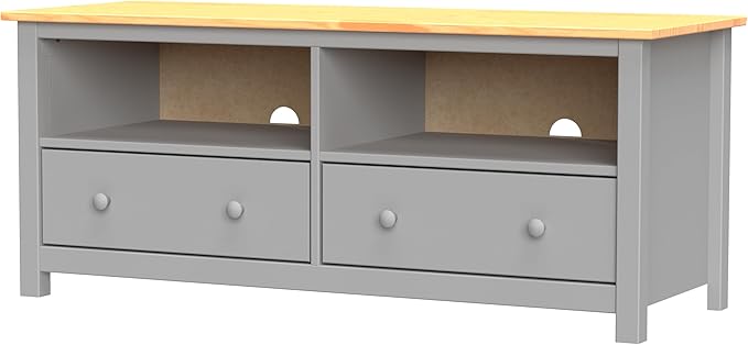 Handcrafted Solid Oak TV Stand Entertainment Center - Elegant Gray/Pine Media Console with Spacious Storage Drawers & Open Shelves - Sturdy Wood Cabinet Fits TVs up to 55 Inches