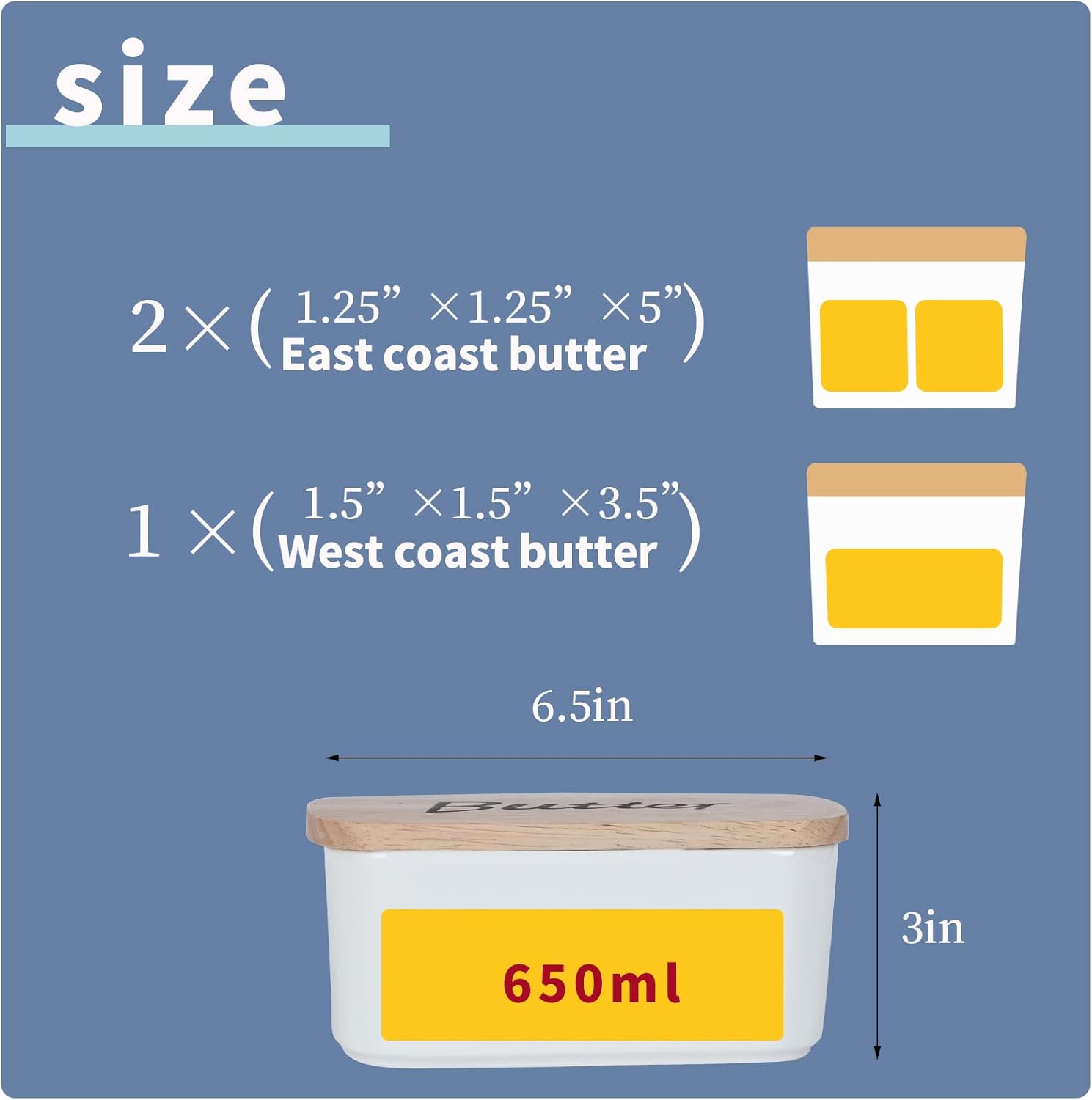 GDCZ Ceramics Butter Dish with Wooden Lid- Large Covered Butter Holder for Countertop, Butter Keeper Container Perfect for Holds 2X 4oz West/East Coast Butter, White