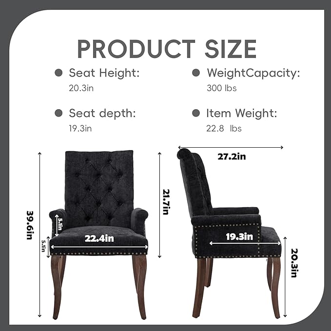 Upholstered Tufted Chenille Dining Chairs with Arms & Nailhead Trim – Sol...