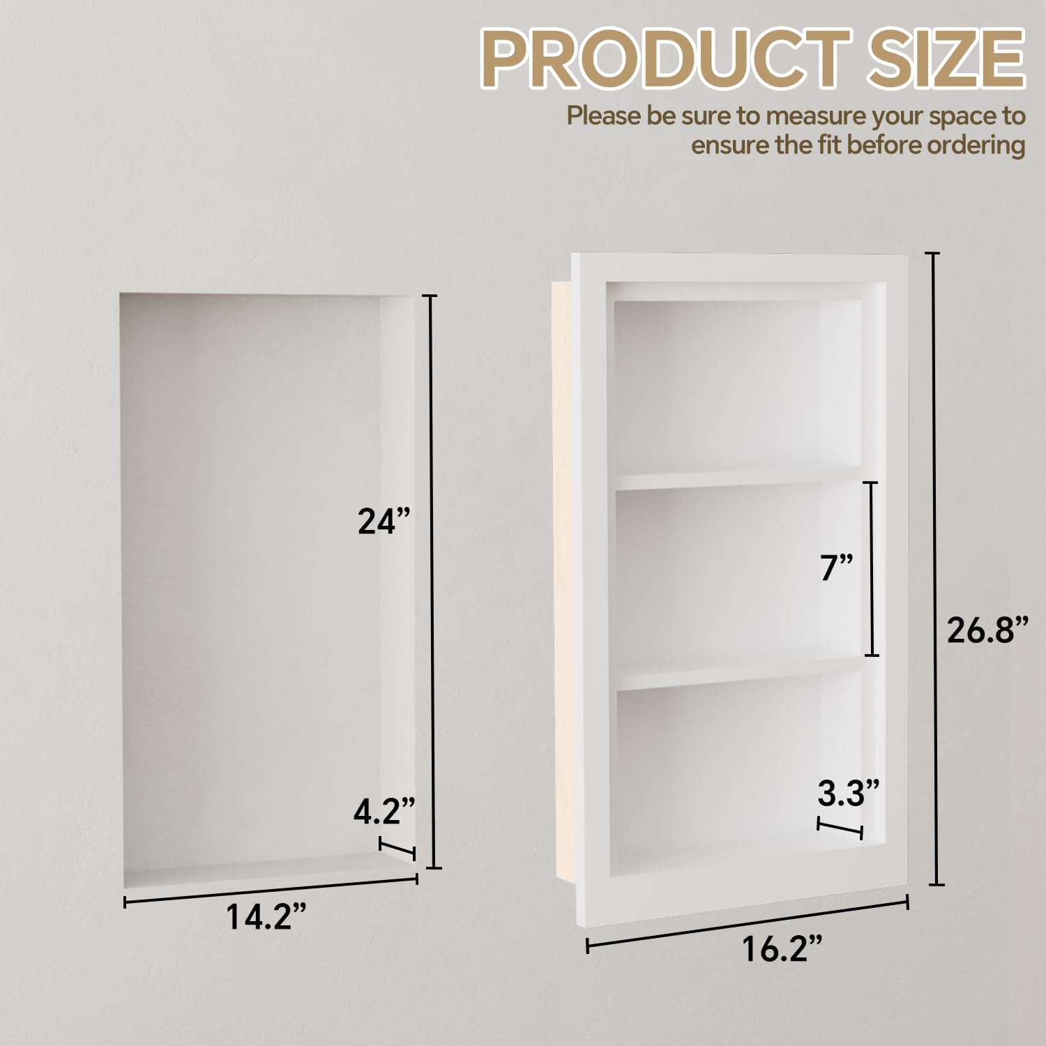 Solid Wood 14 X 24 Recessed Medicine Cabinet,3-Tier, Medicine Cabinet Organizer,Wall Niche, Bathroom Wall Cabinet, Recessed Bathroom Cabinet,recessed Wall Cabinet, Bathroom Cabinet With Storage, White