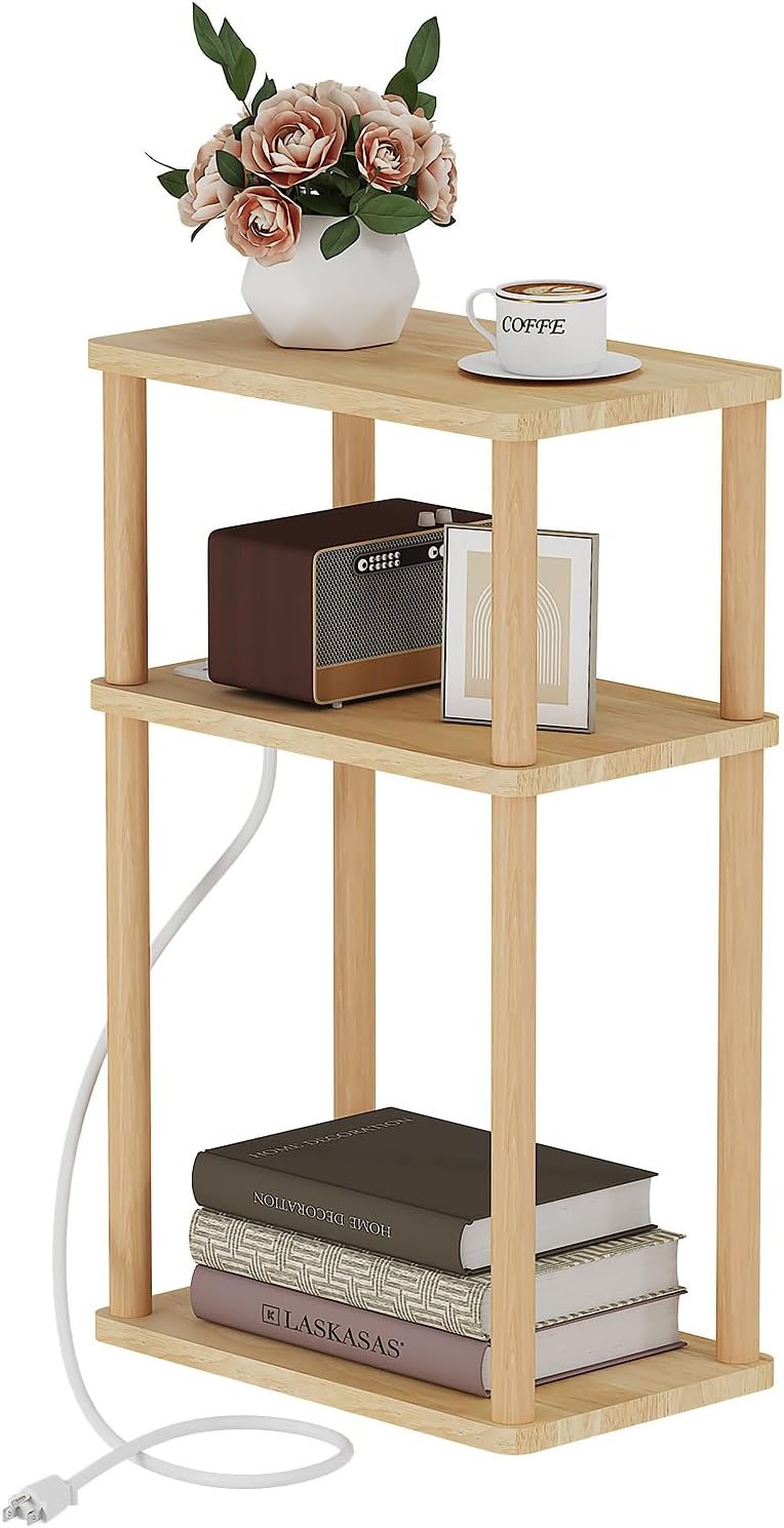 LUCKNOCK Solid Wood Side Table with Charging Station, 3-Tier Small End Table ...