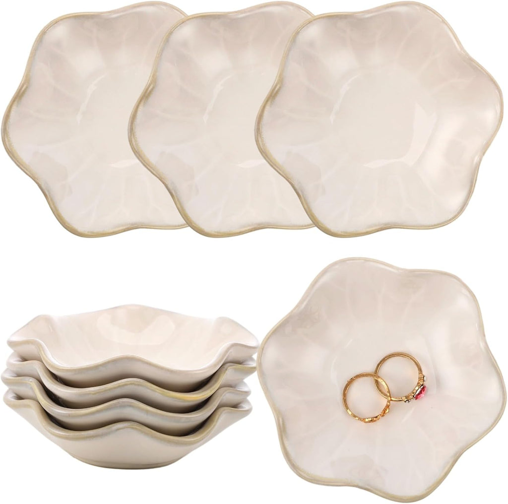 9 Pcs Ceramic Jewelry Dishes, Lotus Leaf Ring Trays, Gold Trim Trinket Tray | White glazed ceramic resists wear; 4.3x4.3x1.2 in; sloped edges prevent spills; for rings, keys & nightstand decor