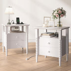 White Night Stand Set 2, Vintage Nightstand with Charging Station, Modern Bedside Table with 2 Drawers, End Table with Solid Wood Legs, Bed Side Tables for Bedroom, White