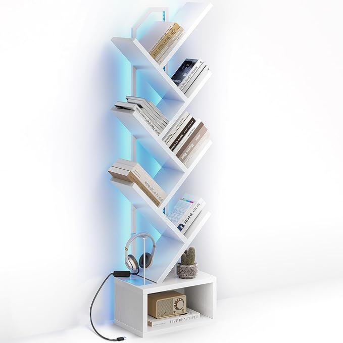 Casaottima White Tree Bookshelf with LED Light Strip — 6-Tier Small Floor Sta...