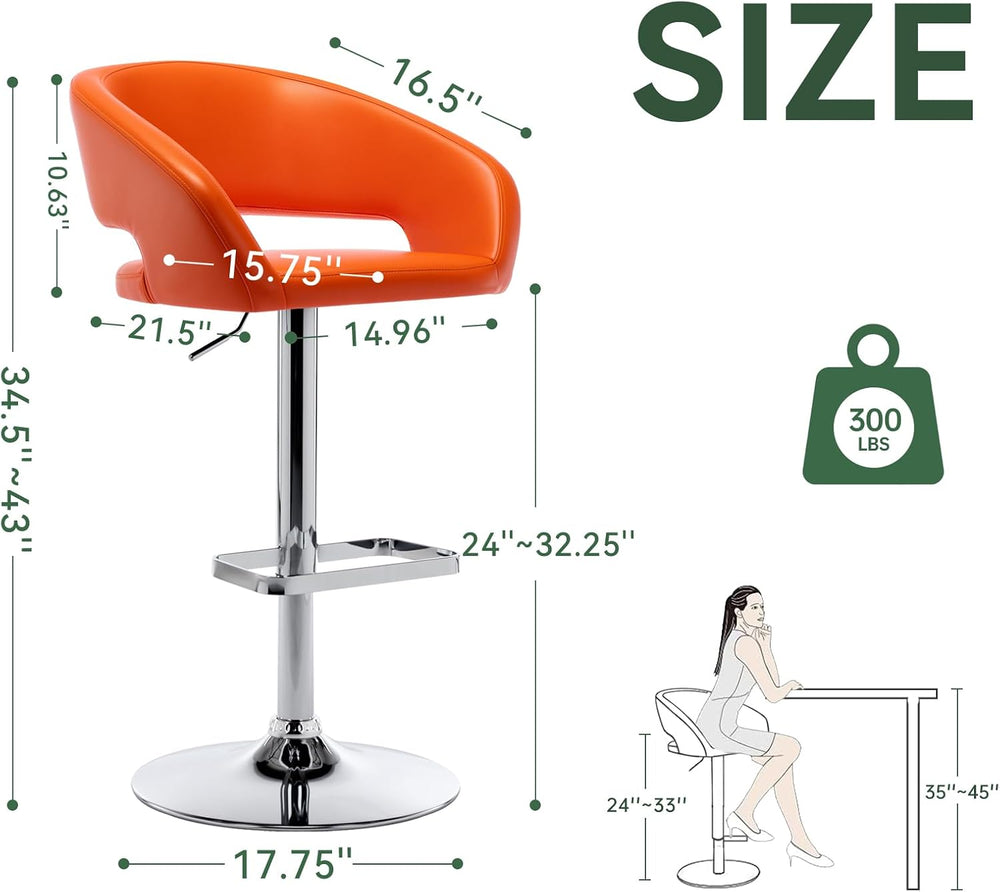 Adjustable PU Leather Swivel Bar Stool with Arms, Orange