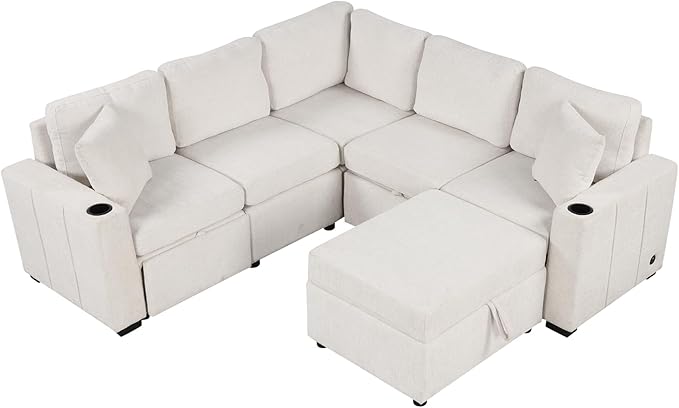 84.7" Symmetrical Convertible Sleeper Sectional Sofa Couch Bed for Living Room 4 Seater L Shaped Reversible Pull Out Sleeper Sofabed with Movable Ottoman ,2 Cup Holders ,USB Ports, Detachable Backrest