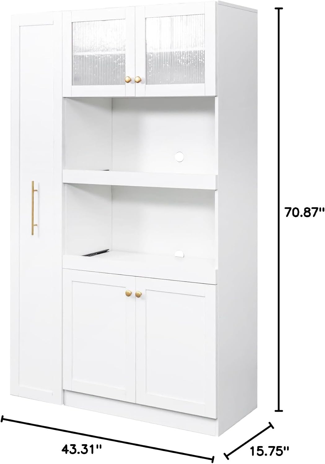 Freestanding Storage Cabinet with 2 Shelves, French Door & Double Door & Single Door, Rectangular Kitchen Pantry, Modern Minimalist, for Living Room, Dining Room, White