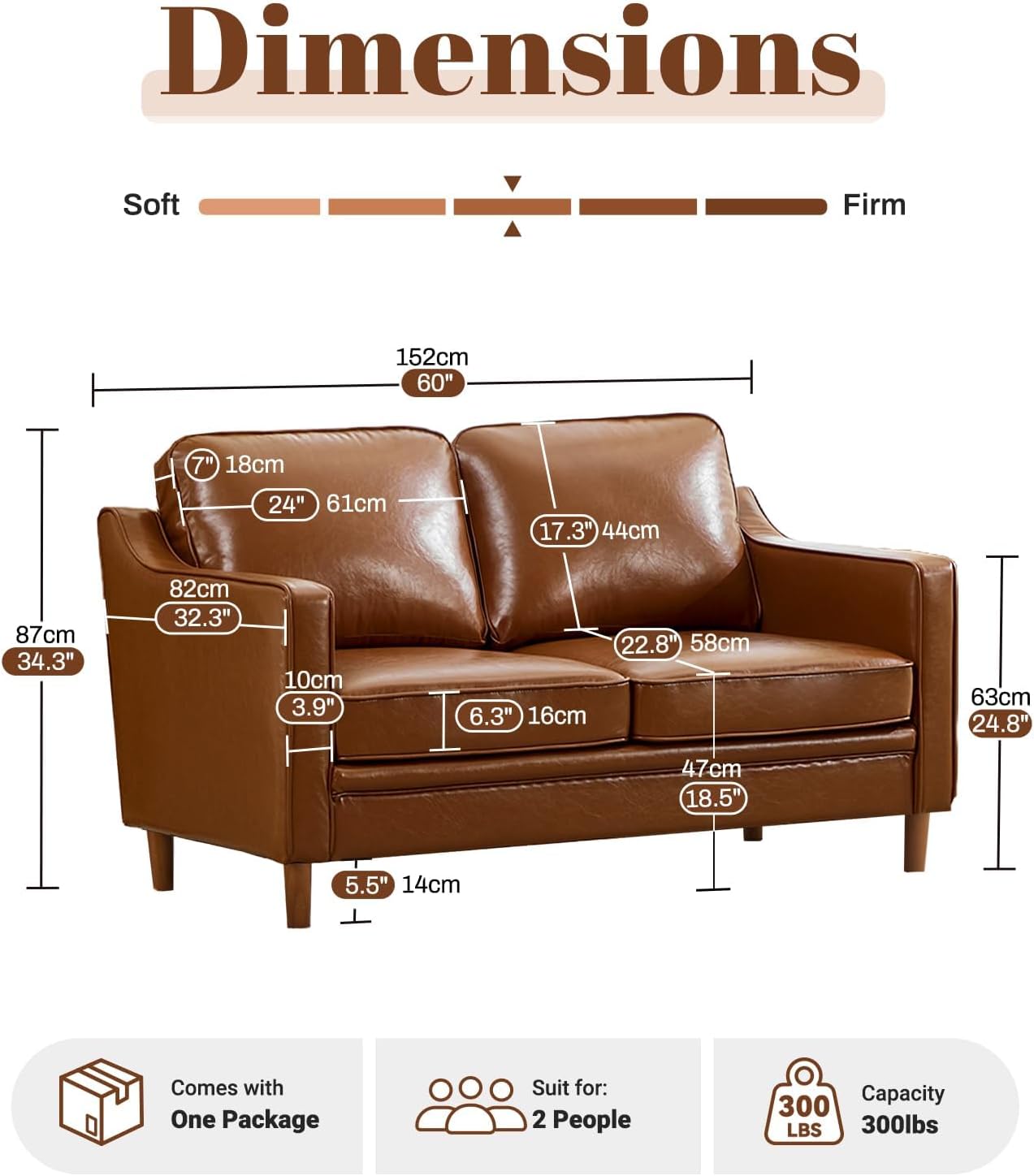 60" Faux Leather Sofa, Loveseat Couch, Mid Century Modern Love Seat Couches with Solid Wood Frame for Living Room Bedroom