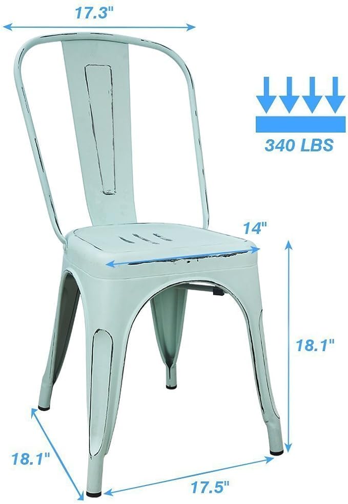 Devoko Metal Indoor-Outdoor Chairs Distressed Style Kitchen Dining Chairs Stackable Side Chair with Back Set of 4 (Blue)