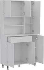 90 Kitchen Pantry Cabinet, Two Open Shelves, One Drawer, Multiple Cabinets, White