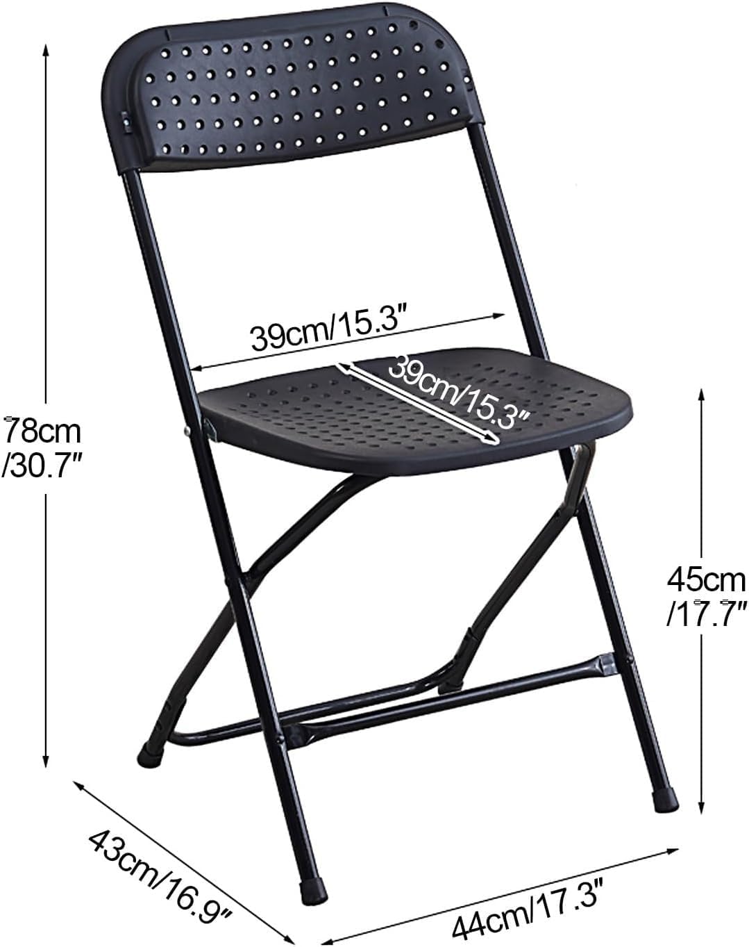 Plastic Folding Chairs, Indoor Outdoor Portable Stackable Commercial Seat with Steel Frame 440lb. Capacity(Black)