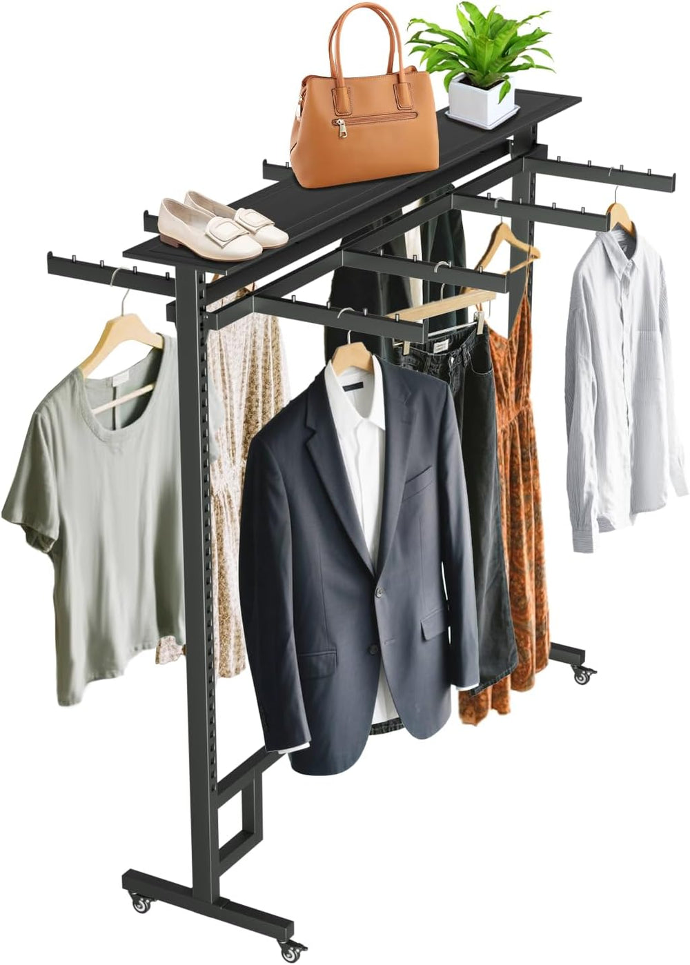 Retail Clothing Display Rack with Adjustable 8 Arms, on Wheels ＆ Top Shelf