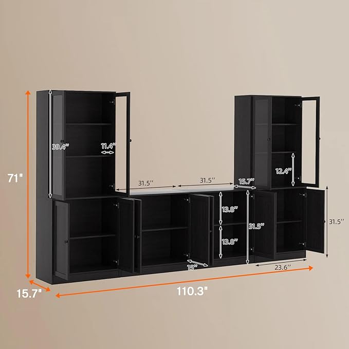 TUSY 71" TV Stand Storage Set - 2 Tall Bookcases & 2 Side Cabinets, Media Console with Glass & Wood Doors, Entertainment Center with Drawers, Tall Media Console for Living Room (Black, ACCA)