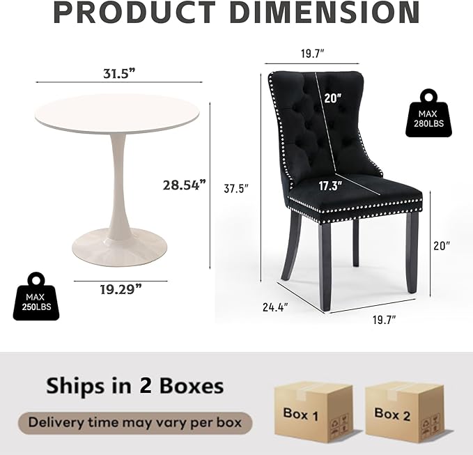 3-Pieces 31.5" Round Dining Table Set for 2, White Dining Table & 2 Velvet Upholstered Dining Chairs for Kitchen Dining Room Apartment Small Space(White Table & Black Chairs)