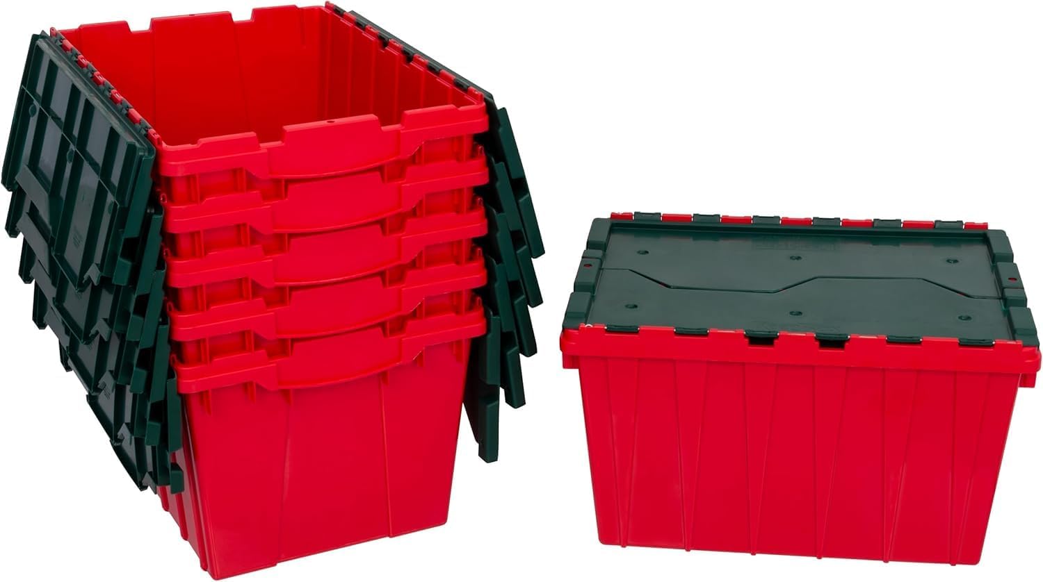 Akro-Mils KeepBox 12 Gallon Storage Container, Nesting and Stackable Plastic Storage Box with Lid Attached, Organizer Tote for Garages, Closets, and Moving, 21-1/2" x 15" x 12-1/2", Red/Green, 6-Pack
