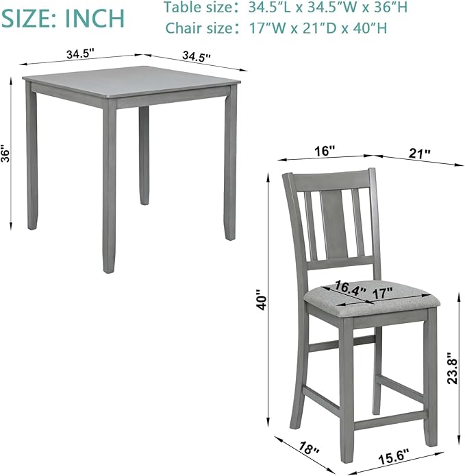 Dining Table Set for 4, Modern 5 Piece Dining Room Table Set with Square Table & 4 Slatted Backrest Upholstered Chairs, Counter Height Kitchen Chairs Set for Small Space, Gray