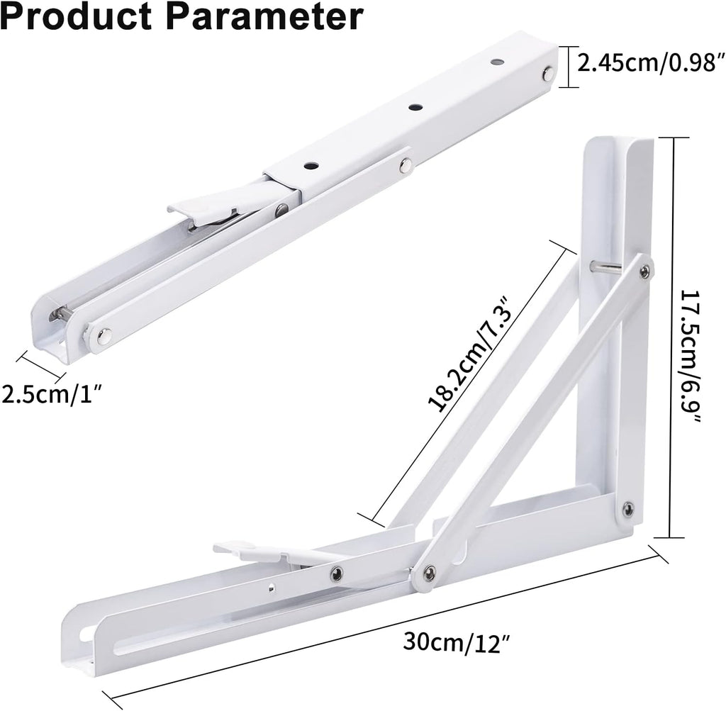 YUMORE Folding Shelf Bracket Heavy Duty, 12 Inch White Collapsible Shelf Bracket, DIY L Bracket for Workbench Folding Table Hinge, Max Load: 330lbs, 2 Pack
