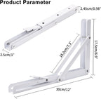 YUMORE Folding Shelf Bracket Heavy Duty, 12 Inch White Collapsible Shelf Bracket, DIY L Bracket for Workbench Folding Table Hinge, Max Load: 330lbs, 2 Pack