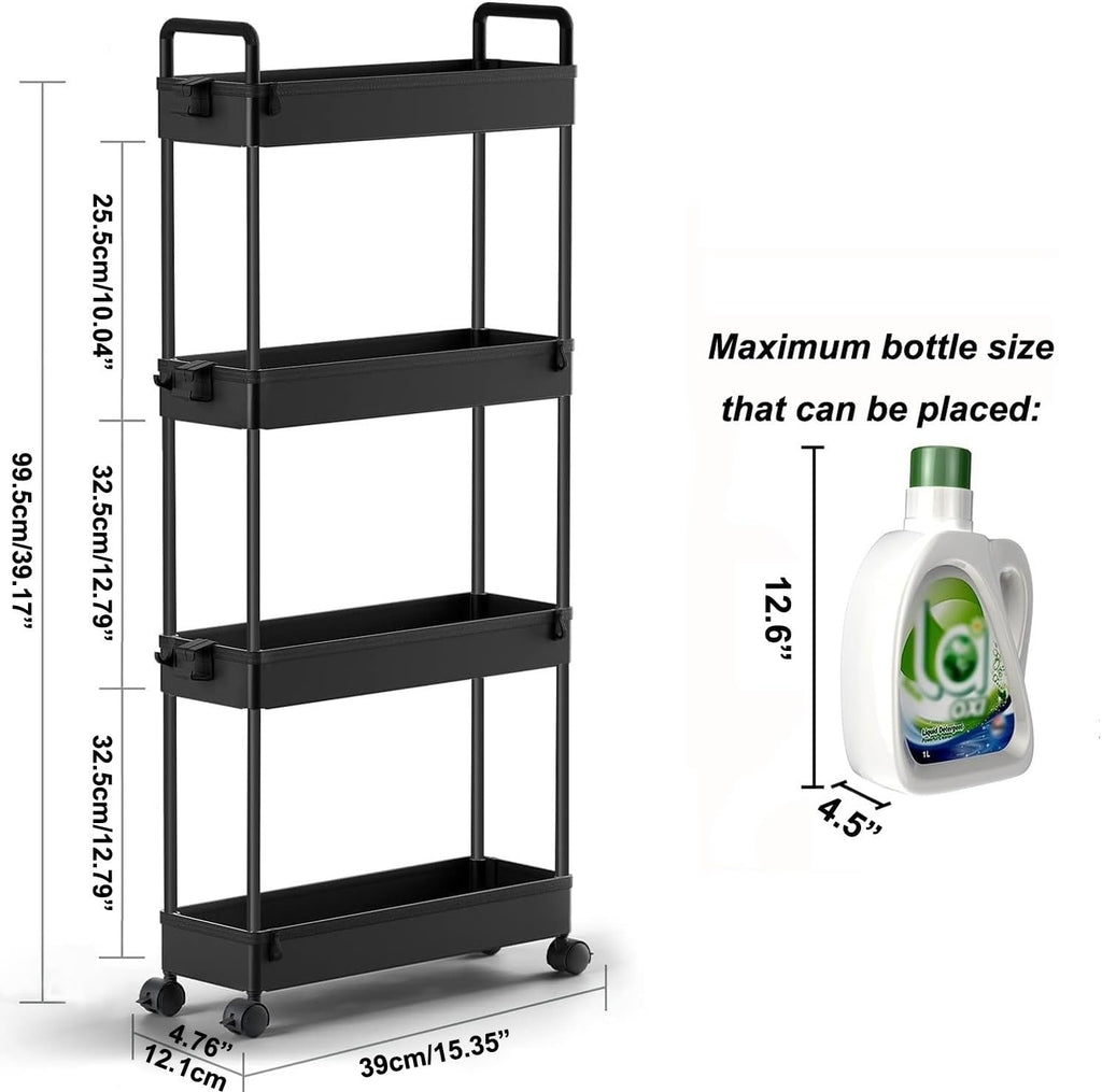 SOLEJAZZ Slim Rolling Storage Cart with Wheels 4 Tier Skinny Bathroom Storage Organizer Narrow Shelf Unit Thin Laundry Room Utility Cart for Bedside Kitchen Office Next to Fridge Small Places, Black