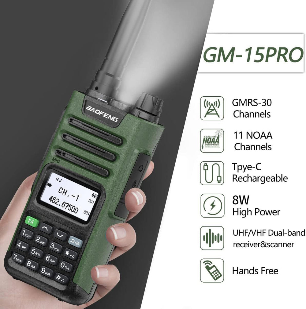 BAOFENG GMRS Radio Handheld Long Range GM-15 Pro 8W Walkie Talkie with Earpie...