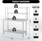 2-Tier Stainless Steel Commercial Work Table 47.2" W x 23.6" D x 31.5" H with Overshelf, Heavy Duty Kitchen Prep Table for Restaurant, Home Kitchen, Garage, Warehouse