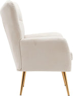 Container Furniture Direct Modern Chic Mid-Century Velvet Accent Armchair for Living Room, Bedroom, or Home Office, Button-Tufted Wingback Design with Gold Flared Legs, Ivory