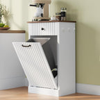Tilt Out Trash Can Cabinet, 10 Gallon Fluted Laundry Hamper Cabinet with Drawers, Freestanding Wooden Hidden Garbage Can Cabinets for Kitchen, Living Room, Without Trash Bin or Laundry Hamper, White