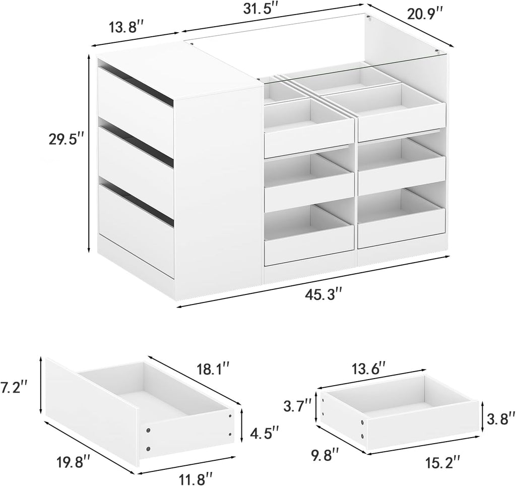 LIVAUVEAD Closet Island with 15 Drawers, Glass Top & Display Shelves, White | Wardrobe Armoire Bedroom Island, White Dresser with Glass Display Shelf, Walk-in Closet Island for Bedroom, Cloakroom