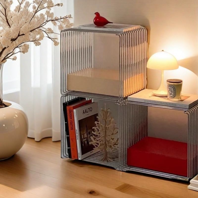 Stainless Steel Side Table, Metal Side Table with Wire Cube Storage, Retro Sq...