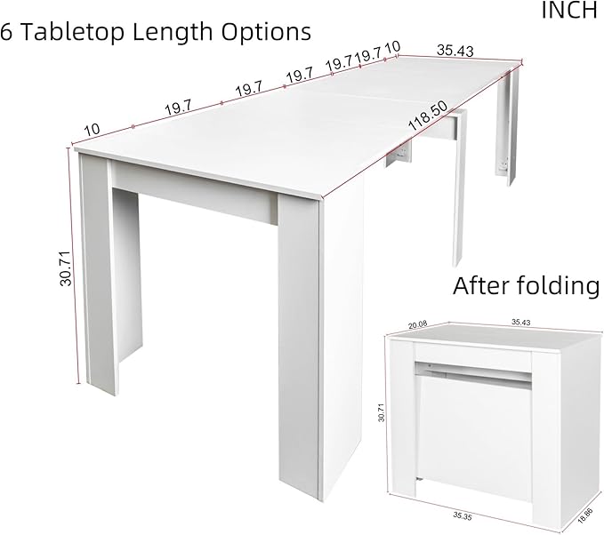 KEIKI 20”-118.5”L Extendable Foldable Dining Room Table for 1-10 People, Wood Modern Rustic Rectangle Expandable Kitchen Living Meeting Room Furniture, 6 Tabletop Length Options, White