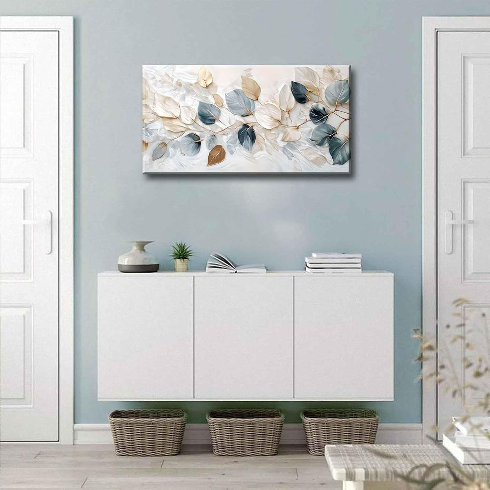 Large Living Eucalyptus Leaf Canvas Wall Art Teal White Botanical Abstract De...