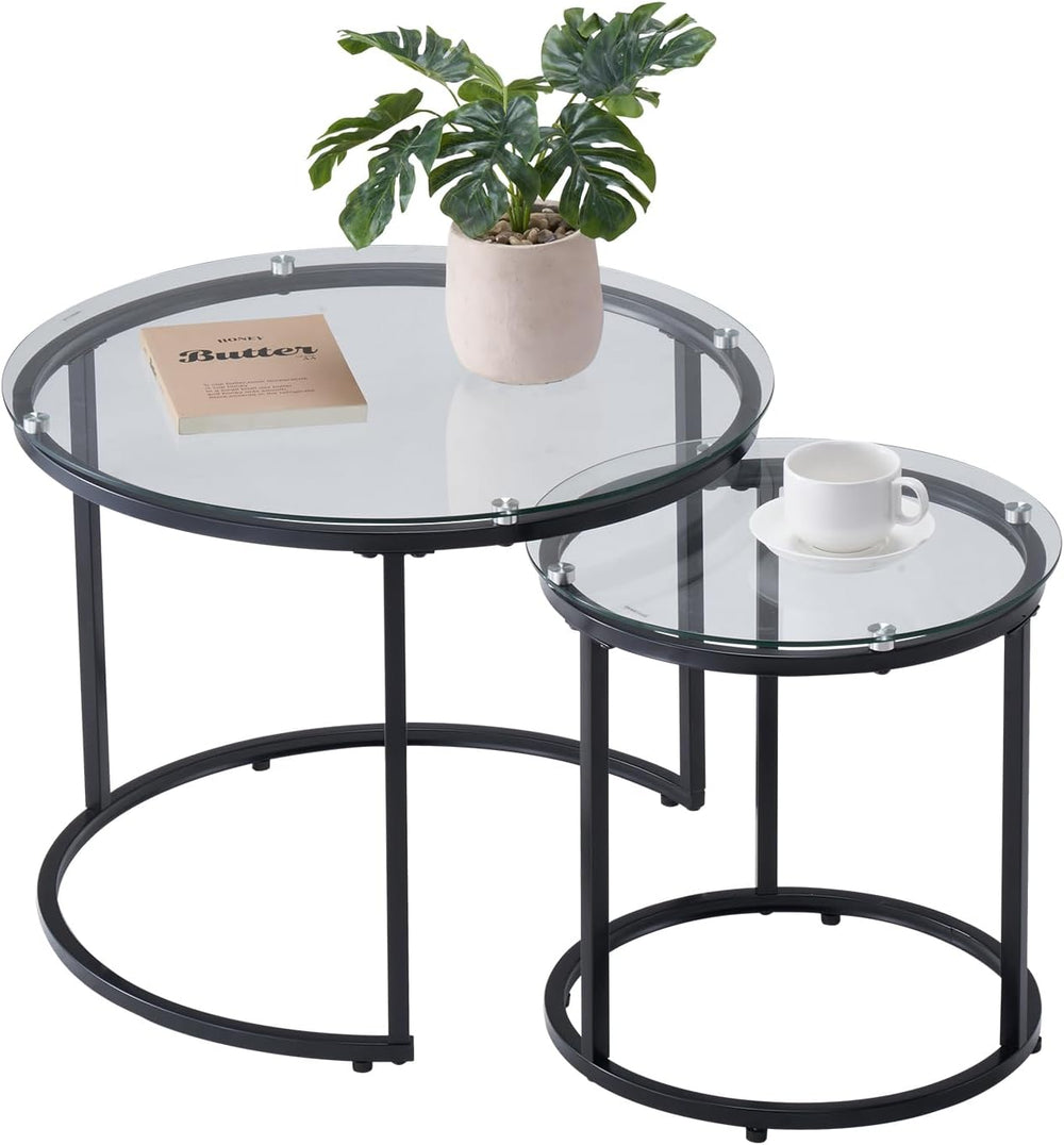 VEVOR Nesting Coffee Table Set of 2, 23.6 in Round Coffee Table, Glass Nestin...