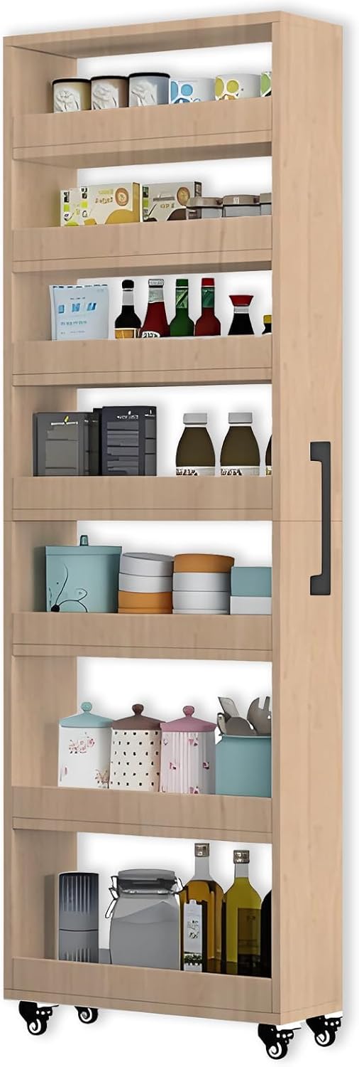7-Tier Slim Storage Cart, Wooden Rolling Pantry Cabinet with Wheels, Narrow Shelf Organizer for Kitchen, Bakers Rack, Dining Room, Closet, Small Spaces Light Walnut 73.2" H*9.8" W*23.6" D