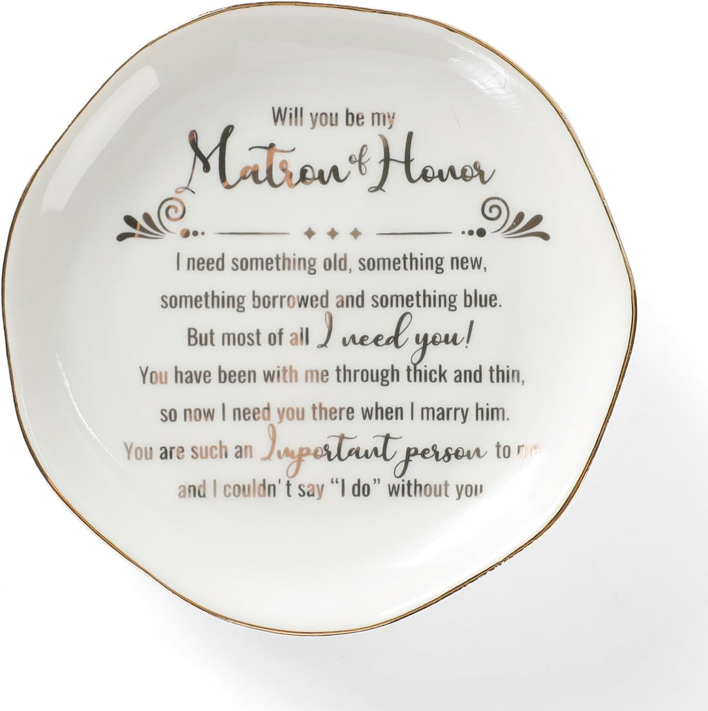 HOME SMILE Matron Of Honor Ring Dish - Will You Be My Matron Of Honor - Jewelry Trinket Dish Tray, Bridesmaid & Bridal Shower Gifts - Proposal Gift For Bestie, White Ceramic