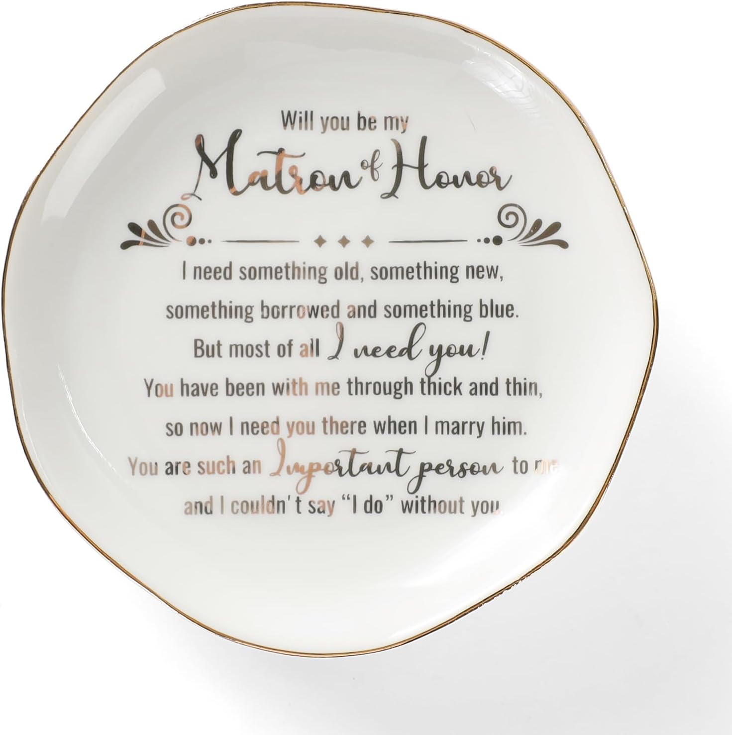 HOME SMILE Matron Of Honor Ring Dish - Will You Be My Matron Of Honor - Jewelry Trinket Dish Tray, Bridesmaid & Bridal Shower Gifts - Proposal Gift For Bestie, White Ceramic