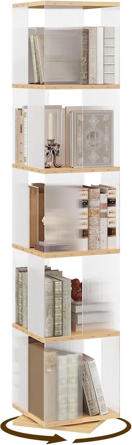 YATINEY 5-Tier Rotating Bookshelf, 360 Spinning Bookcase Tower, Corner Booksh...