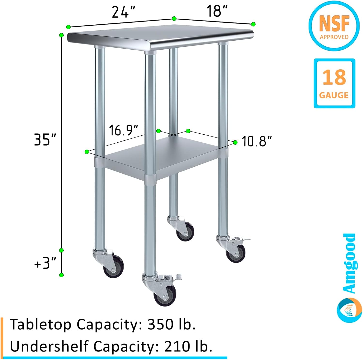 AmGood 18" x 24" Stainless Steel Work Table with Casters | Heavy Duty Metal Utility Table On Wheels | Kitchen Island Cart