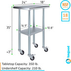 AmGood 24" Long x 18" Deep Stainless Steel Table with Casters