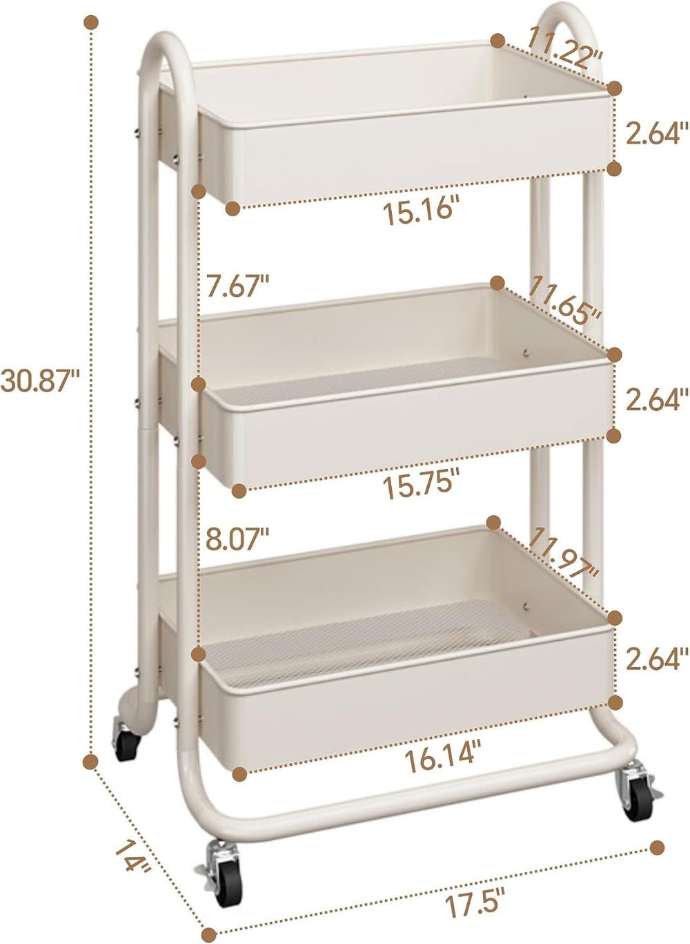 MIOCASA 3-Tier Metal Utility Rolling Cart, Heavy Duty Multifunction Cart with...