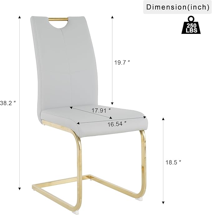 Goujxcy Dining Chairs Set of 2, Modern High Back Kitchen Chairs with Metal Legs and Faux Leather Padded Seat Upholstered Dining Chairs for Dining & Kitchen,Living Room (Light Gray&Gold, Set of 2)